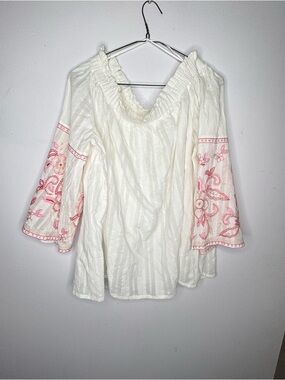 Women's White Peasant Blouse with Pink Embroidered Sleeves Saks Fifth Avenue